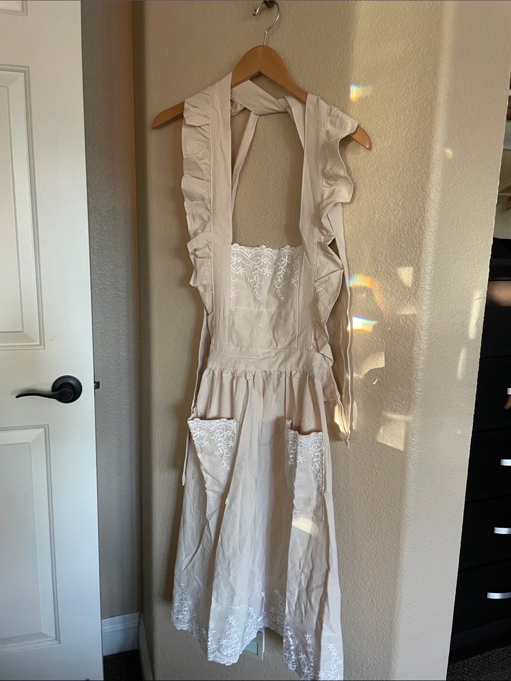 Cream Ruffled Apron with Embroidered Detail No Size Tag